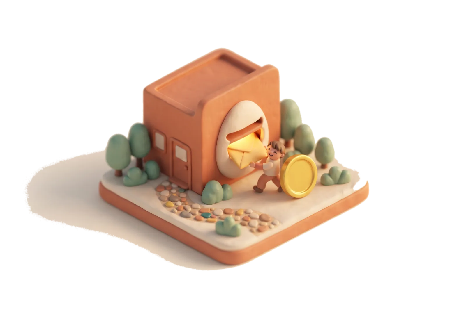 A clay figure posting a brief into an egg-shaped hatch