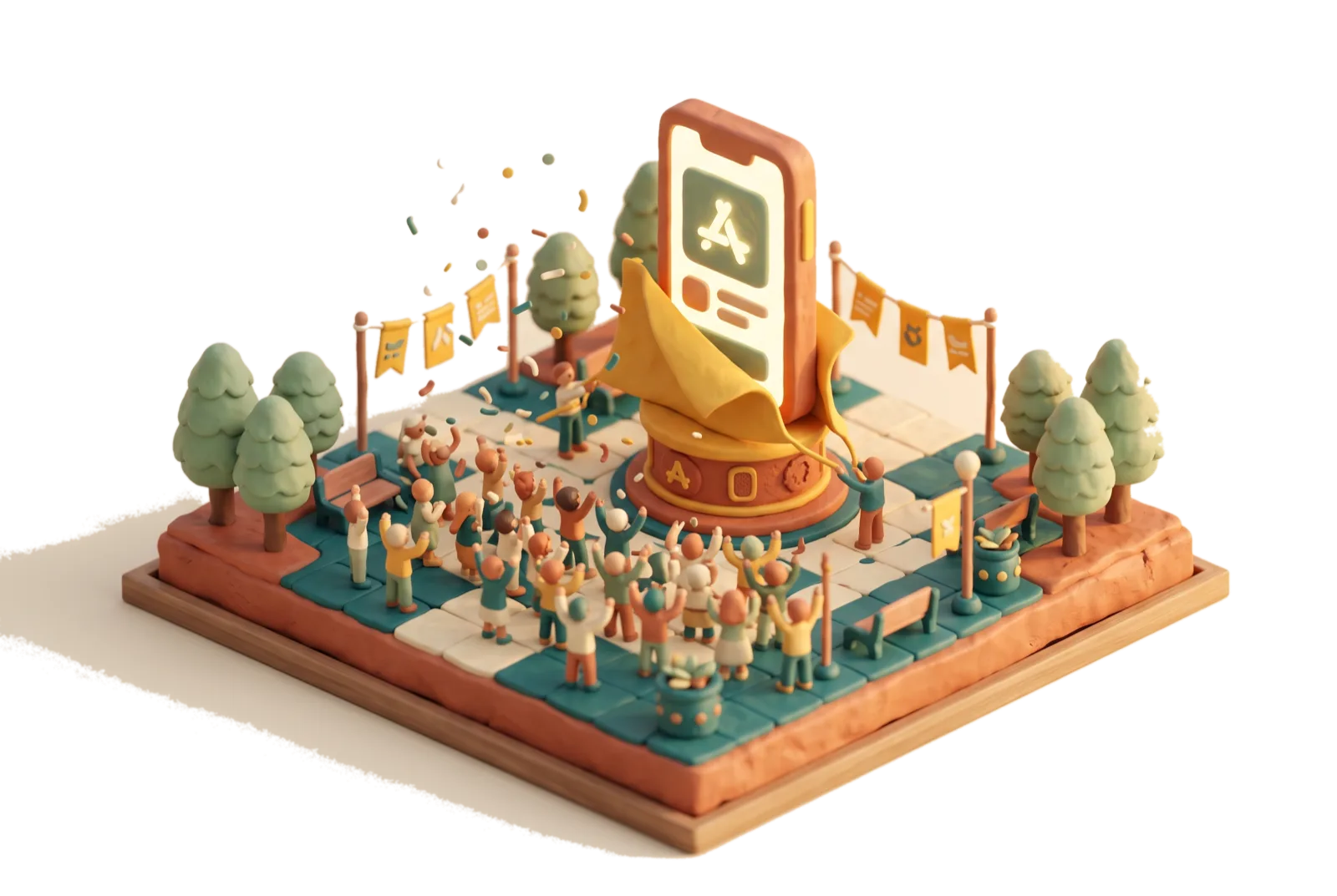 A clay launch plaza with a cheering crowd around a glowing app