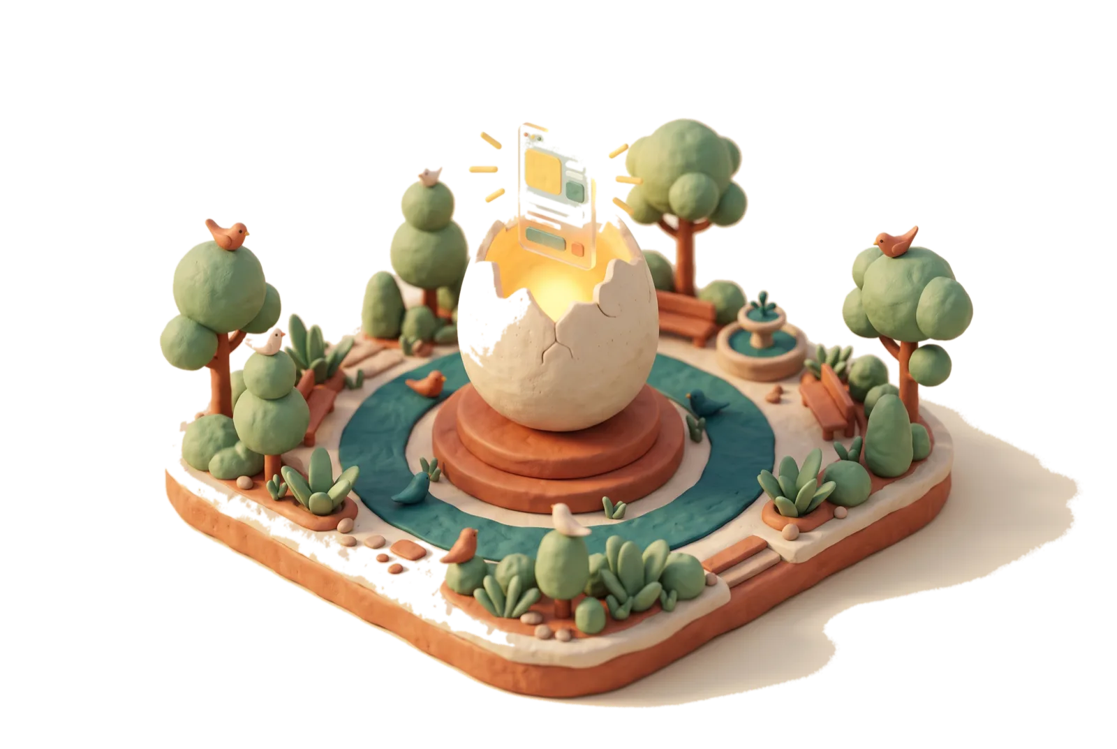 A cracked-open clay egg with a glowing app hovering above it